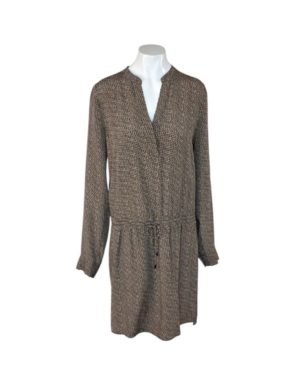 Vince 100% Silk Long Sleeve V-Neck Dress, Tie Waist, Print, Size 8, Pockets